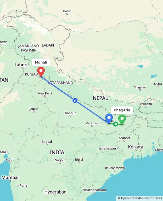 Route map showing distance and travel time from Khagaria, India to Mohali, India