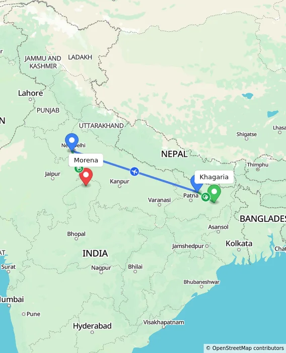 Route map showing distance and travel time from Khagaria, India to Morena, India