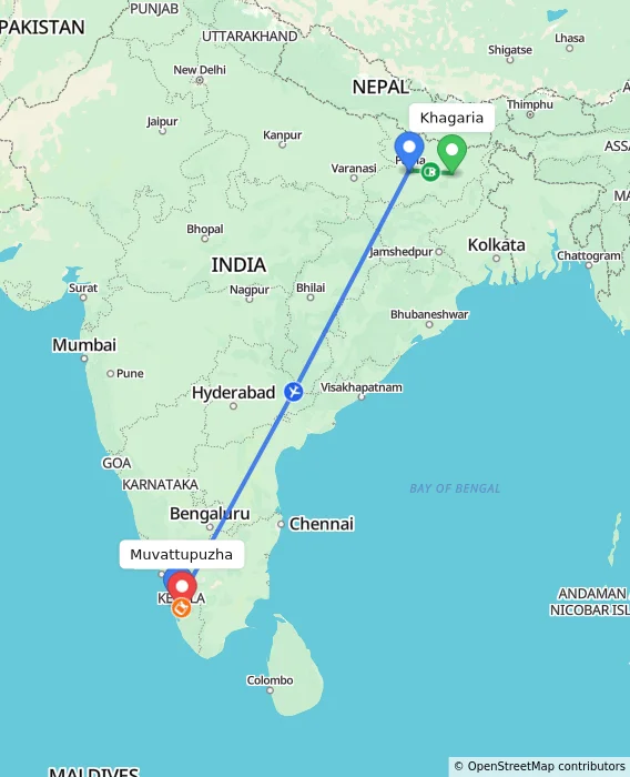 Route map showing distance and travel time from Khagaria, India to Muvattupuzha, India
