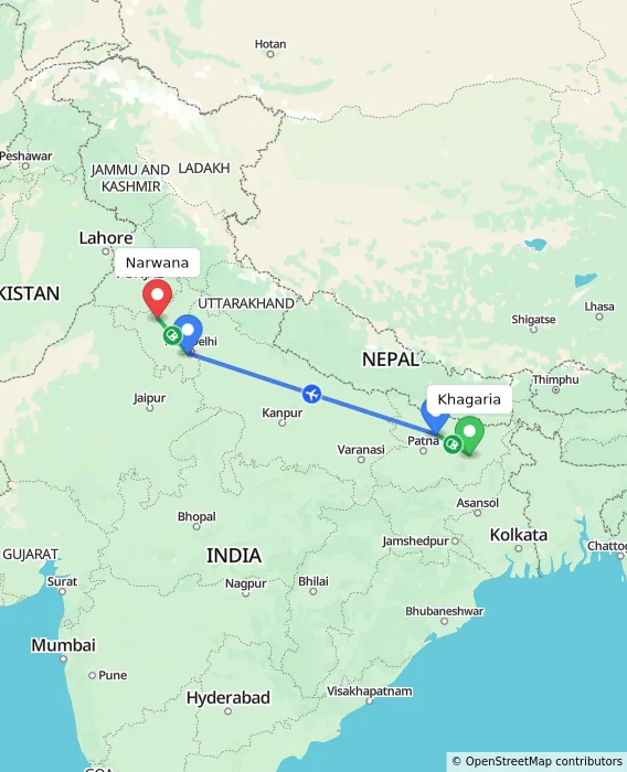 Route map showing distance and travel time from Khagaria, India to Narwana, India