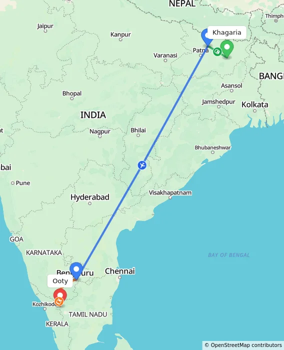 Route map showing distance and travel time from Khagaria, India to Ooty, India