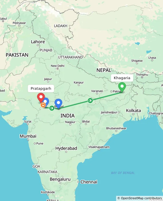 Route map showing distance and travel time from Khagaria, India to Pratapgarh, India