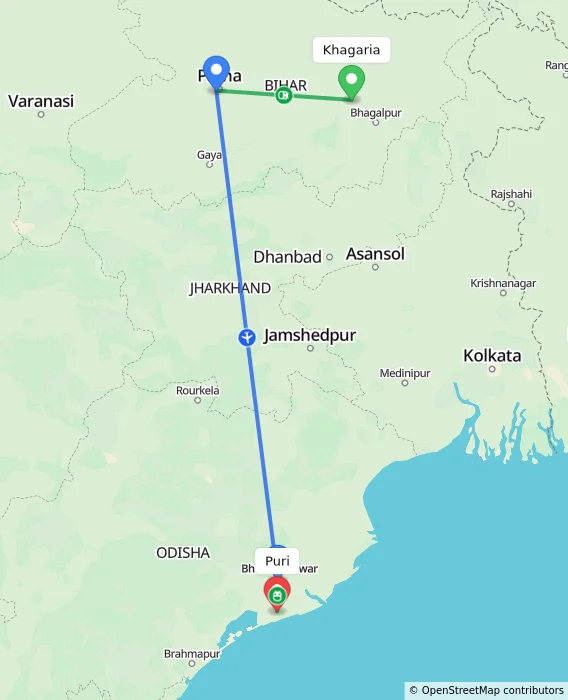 Route map showing distance and travel time from Khagaria, India to Puri, India