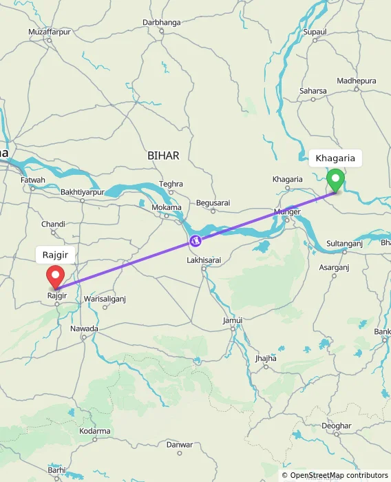 Route map showing distance and travel time from Khagaria, India to Rajgir, India