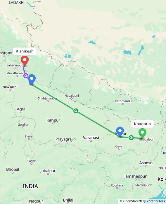 Route map showing distance and travel time from Khagaria, India to Rishikesh, India