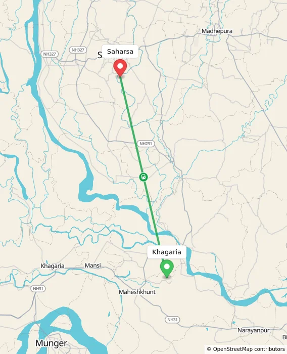 Route map showing distance and travel time from Khagaria, India to Saharsa, India