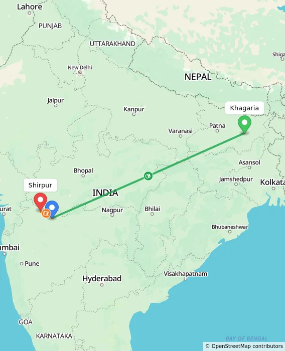 Route map showing distance and travel time from Khagaria, India to Shirpur, India