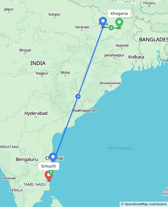 Route map showing distance and travel time from Khagaria, India to Sirkazhi, India