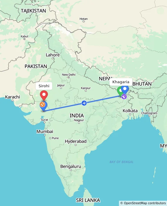 Route map showing distance and travel time from Khagaria, India to Sirohi, India