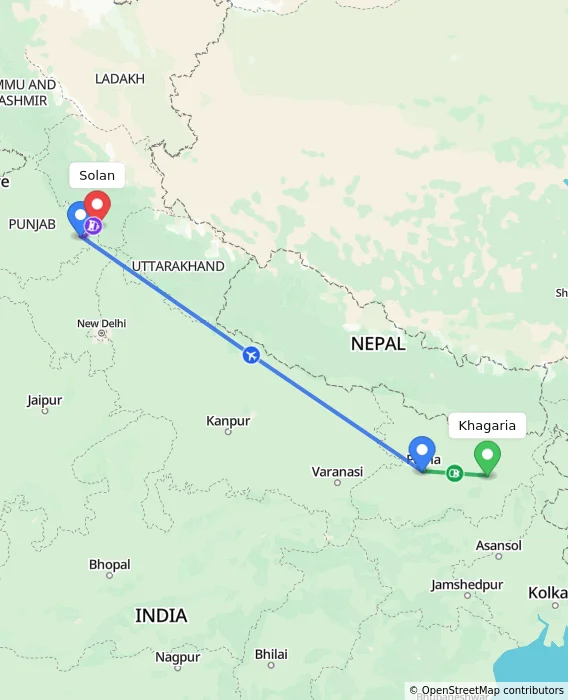 Route map showing distance and travel time from Khagaria, India to Solan, India