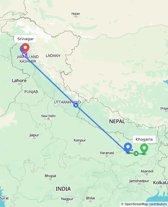 Route map showing distance and travel time from Khagaria, India to Srinagar, India