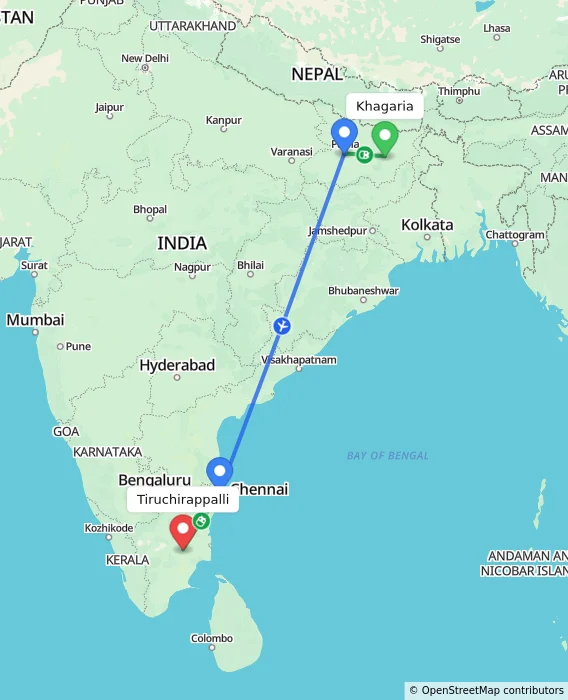 Route map showing distance and travel time from Khagaria, India to Tiruchirappalli, India