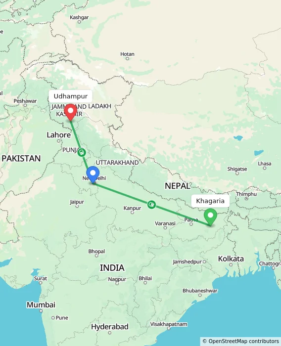 Route map showing distance and travel time from Khagaria, India to Udhampur, India
