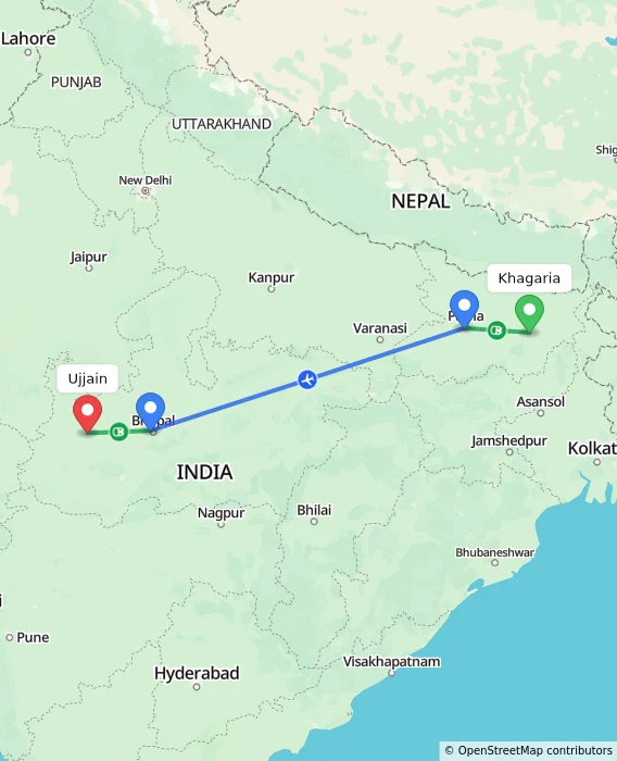 Route map showing distance and travel time from Khagaria, India to Ujjain, India