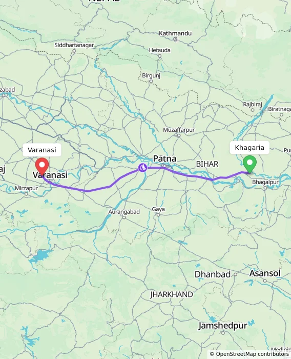 Route map showing distance and travel time from Khagaria, India to Varanasi, India