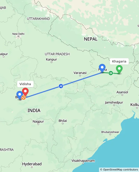 Route map showing distance and travel time from Khagaria, India to Vidisha, India