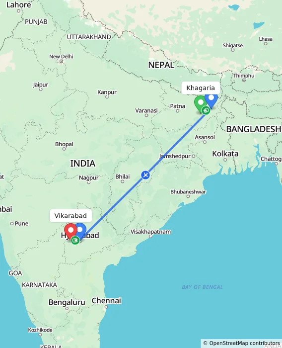 Route map showing distance and travel time from Khagaria, India to Vikarabad, India