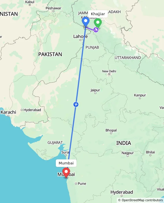 Route map showing distance and travel time from Khajjiar, India to Mumbai, India