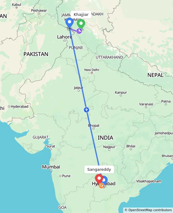 Route map showing distance and travel time from Khajjiar, India to Sangareddy, India