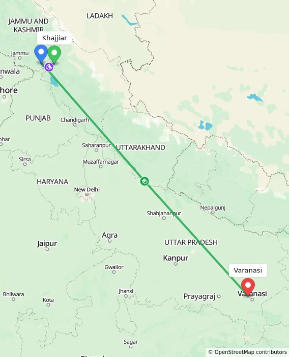 Route map showing distance and travel time from Khajjiar, India to Varanasi, India