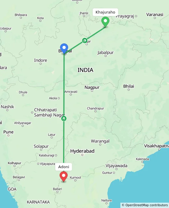 Route map showing distance and travel time from Khajuraho, India to Adoni, India