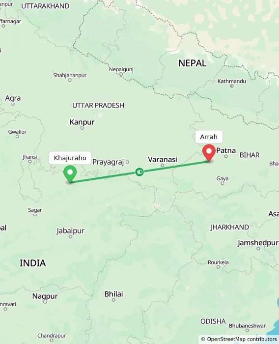 Route map showing distance and travel time from Khajuraho, India to Arrah, India