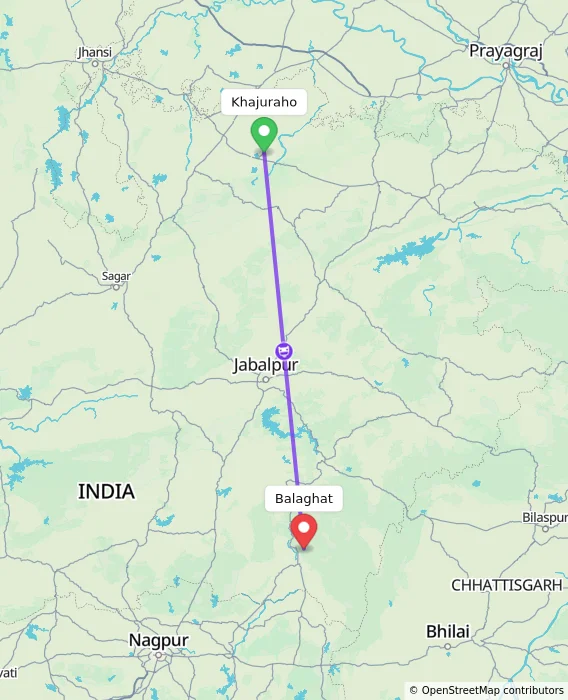 Route map showing distance and travel time from Khajuraho, India to Balaghat, India