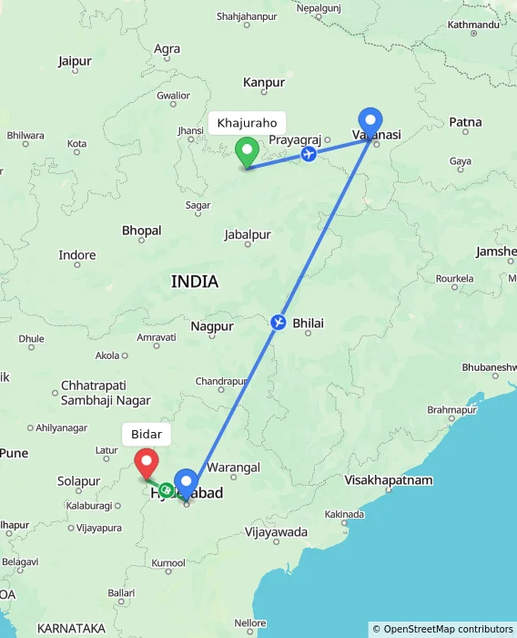 Route map showing distance and travel time from Khajuraho, India to Bidar, India