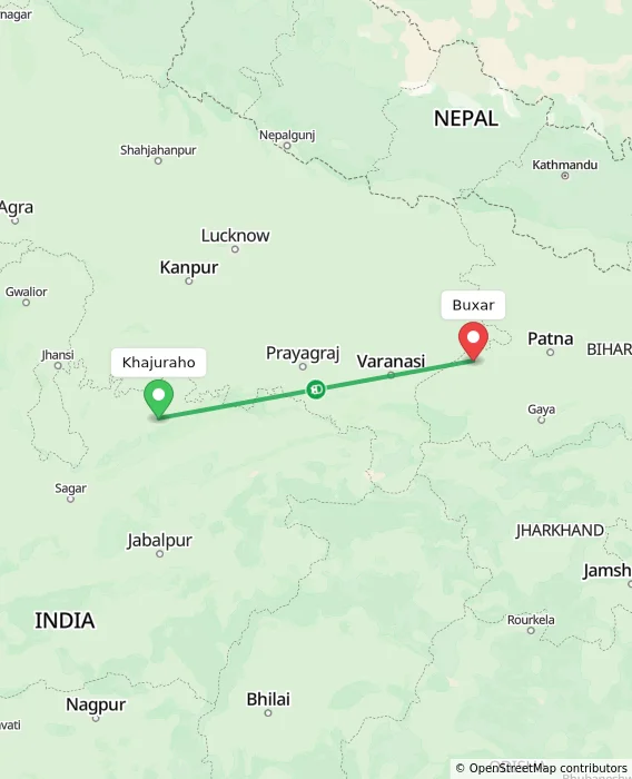 Route map showing distance and travel time from Khajuraho, India to Buxar, India