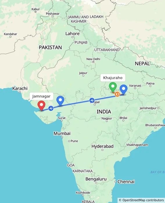 Route map showing distance and travel time from Khajuraho, India to Jamnagar, India