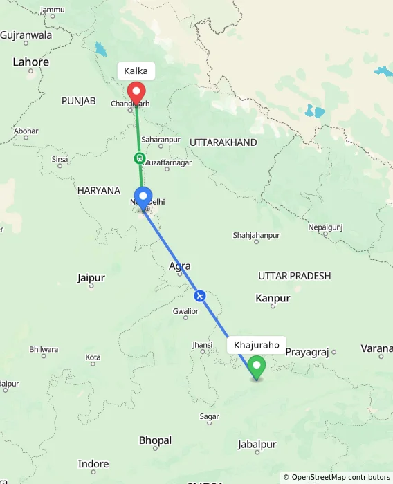 Route map showing distance and travel time from Khajuraho, India to Kalka, India