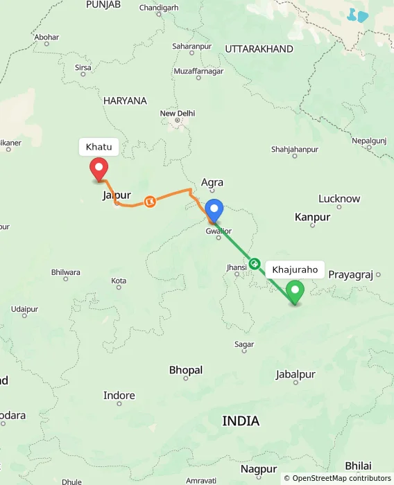 Route map showing distance and travel time from Khajuraho, India to Khatu, India