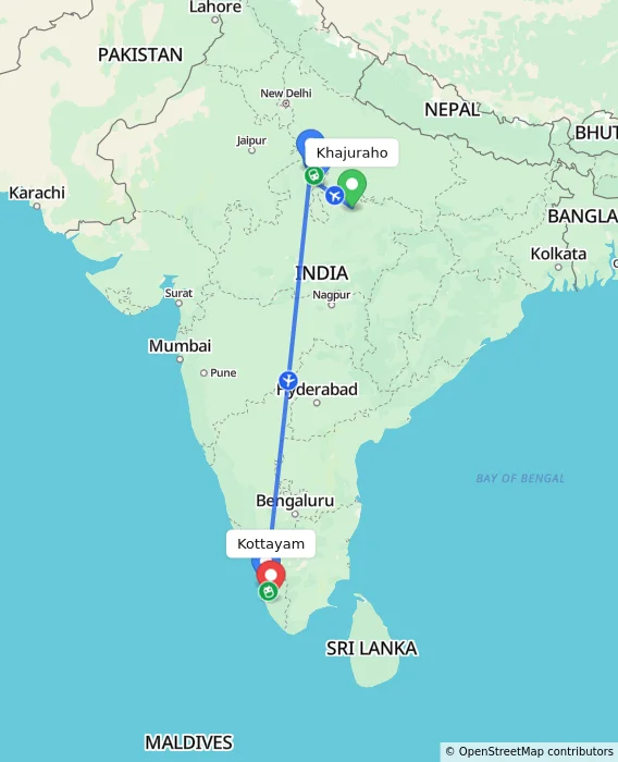 Route map showing distance and travel time from Khajuraho, India to Kottayam, India