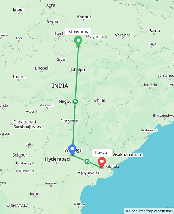 Route map showing distance and travel time from Khajuraho, India to Kovvur, India