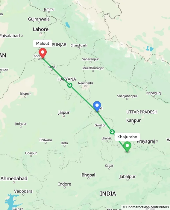 Route map showing distance and travel time from Khajuraho, India to Malout, India