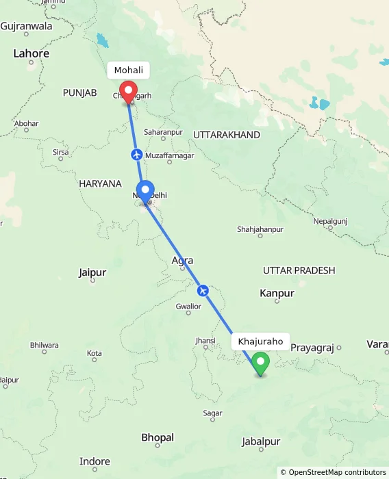 Route map showing distance and travel time from Khajuraho, India to Mohali, India