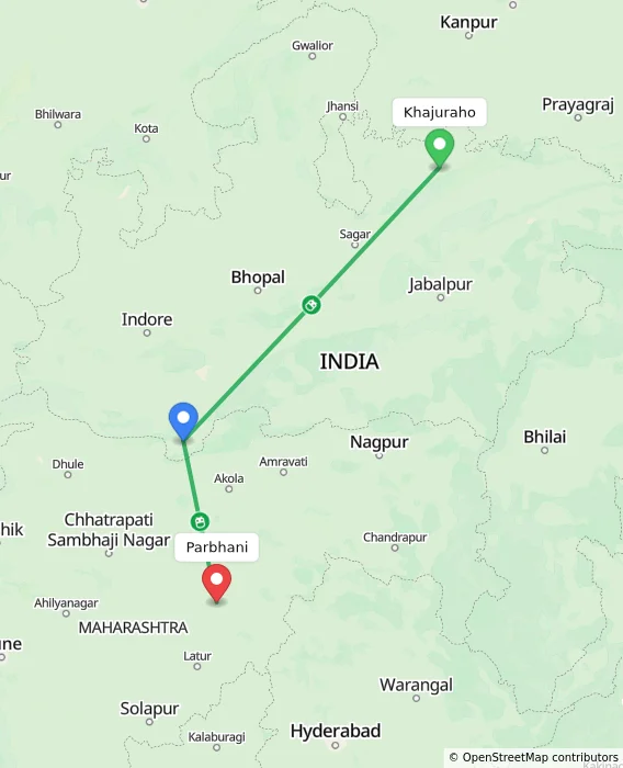 Route map showing distance and travel time from Khajuraho, India to Parbhani, India