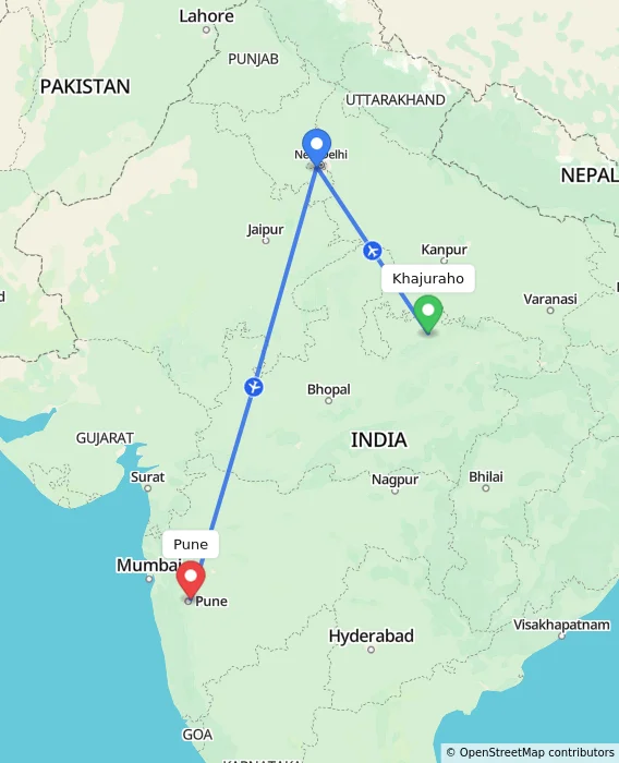 Route map showing distance and travel time from Khajuraho, India to Pune, India