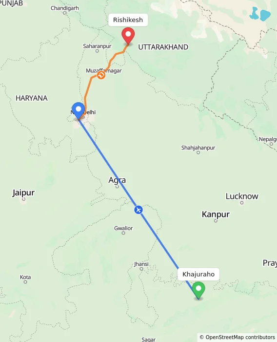 Route map showing distance and travel time from Khajuraho, India to Rishikesh, India