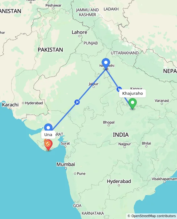 Route map showing distance and travel time from Khajuraho, India to Una, India
