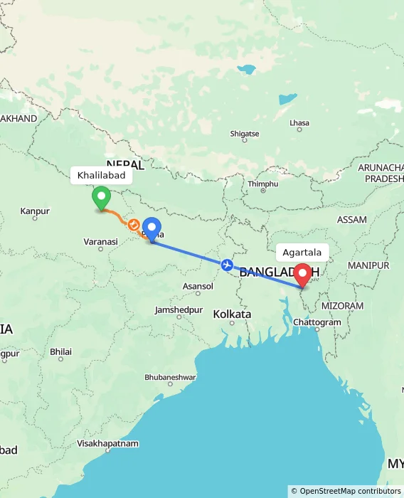 Route map showing distance and travel time from Khalilabad, India to Agartala, India