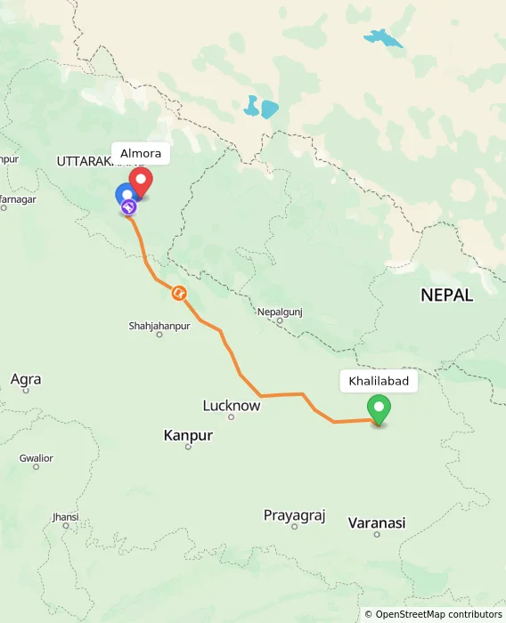 Route map showing distance and travel time from Khalilabad, India to Almora, India