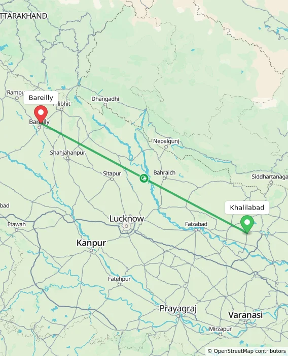 Route map showing distance and travel time from Khalilabad, India to Bareilly, India