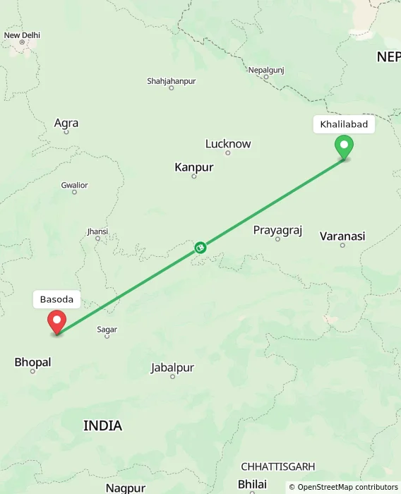Route map showing distance and travel time from Khalilabad, India to Basoda, India