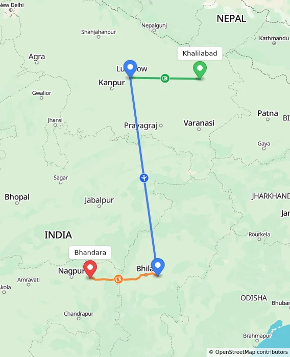Route map showing distance and travel time from Khalilabad, India to Bhandara, India