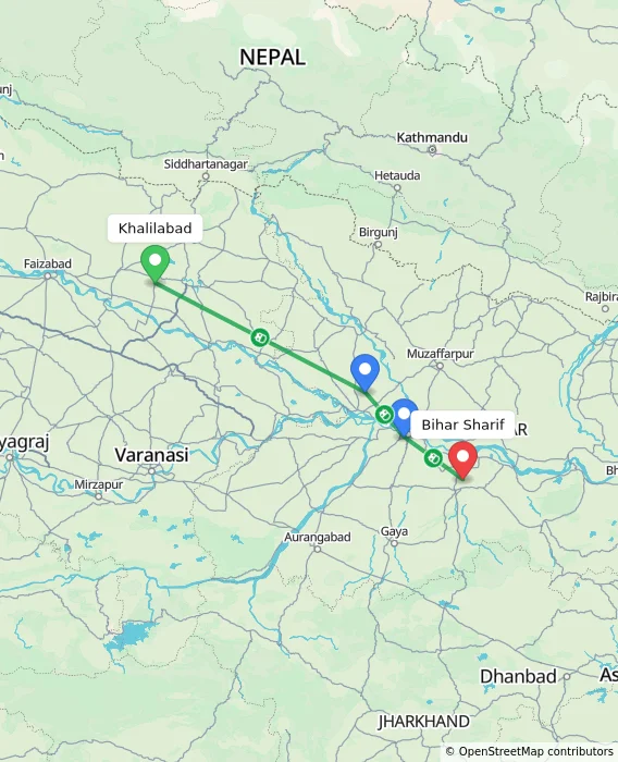 Route map showing distance and travel time from Khalilabad, India to Bihar Sharif, India