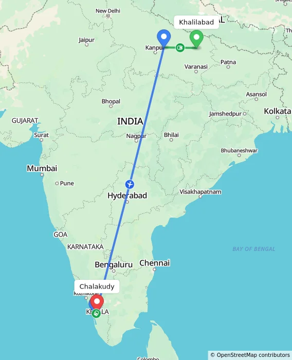 Route map showing distance and travel time from Khalilabad, India to Chalakudy, India