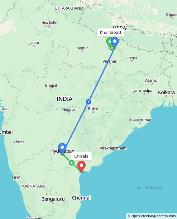 Route map showing distance and travel time from Khalilabad, India to Chirala, India
