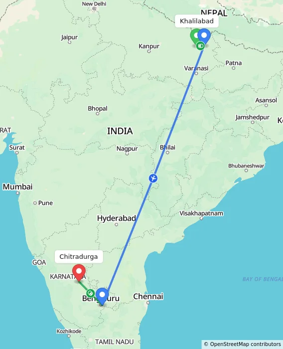Route map showing distance and travel time from Khalilabad, India to Chitradurga, India