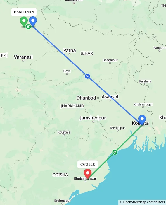 Route map showing distance and travel time from Khalilabad, India to Cuttack, India